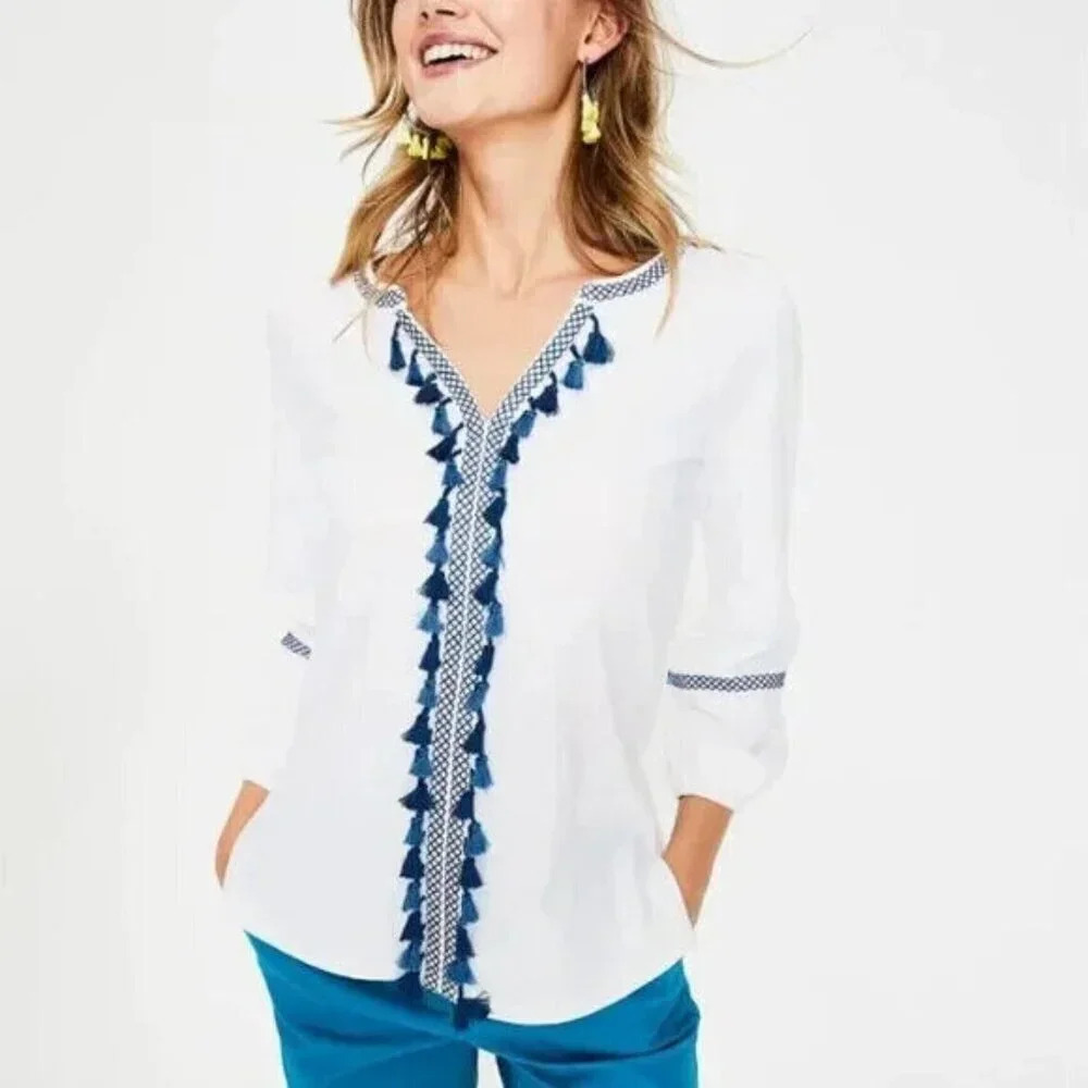 Boden Alison Jersey Top Size Small White Embroidered Tassel Peasant Boho Fringe